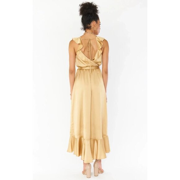 Show Me Your Mumu Womens Samantha Ruffle Wrap Dress Gold Luxe Satin Size Large - Picture 2 of 12